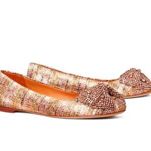 Brand New Tory Burch sz 6 Crystal Bow Pink Tweed Ballet Flats Rose Gold Bronze